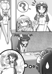 Rule 34 | 4girls, 4koma, diamond mouth, ?, @ @, apron, bow, chair, comic, coru, cuey c lops, cup, dojikko pose, elza straherz, fork, gloves, greyscale, hair bobbles, hair bow, hair ornament, hair over eyes, hair over one eye, hands on lap, highres, japanese clothes, kimono, maid, maid apron, maid headdress, mole, mole under eye, monochrome, mug, multiple girls, one eye closed, original, puffy short sleeves, puffy sleeves, rakurakutei ramen, ran straherz, short sleeves, silent comic, sitting, spoken question mark, sweatdrop, symbol-shaped pupils, table, tongue, tongue out, tray, trembling, two side up, v arms