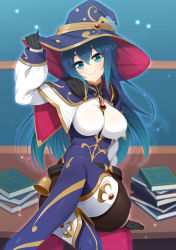 Rule 34 | 1girl, bell, black gloves, blue eyes, blue footwear, blue hair, blue headwear, book, book stack, boots, braid, breasts, capelet, crossed legs, crown braid, desk, eros strobel, gloves, greyscale, hair between eyes, hand on headwear, hat, head tilt, highres, large breasts, linker bell academia ~rakudai majo to himitsu no gishiki~, long hair, looking at viewer, mole, mole under eye, monochrome, official art, on desk, outer glow, pantyhose, photoshop (medium), sitting, smile, thigh boots, thighhighs, witch hat, yu-ta