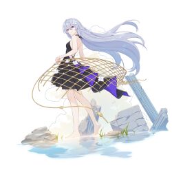 Rule 34 | 1girl, absurdres, backless dress, backless outfit, bare legs, bare shoulders, barefoot, dress, fishing net, flower, from side, full body, game cg, grey hair, hair between eyes, hair flower, hair ornament, half updo, halter dress, halterneck, heel up, highres, honkai (series), honkai impact 3rd, light smile, long hair, looking to the side, official art, pleated dress, red eyes, ruins, sidelocks, solo, straight hair, third-party source, very long hair, white background, white flower