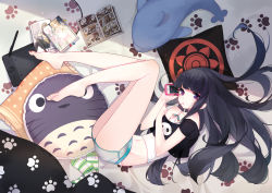 Rule 34 | 1girl, :t, animal print, barefoot, bear print, black hair, black shirt, blunt bangs, camisole, candy, cellphone, closed mouth, commentary request, crop top, food, food in mouth, from above, grey shorts, gym shorts, highres, holding, holding phone, layered clothes, legs, lollipop, long hair, looking at viewer, lying, manga (object), mouth hold, navel, off-shoulder shirt, off shoulder, on side, original, panda print, panties, panty peek, paw print, paw print pattern, phone, pillow, print shirt, purple eyes, shirt, short shorts, shorts, smartphone, solo, stuffed animal, stuffed dolphin, stuffed toy, stylus, sylvia (huajiuhuajiu), tablet pc, tonari no totoro, totoro, underwear, white panties, white shirt