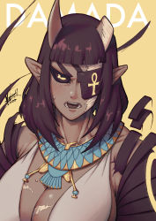 Rule 34 | 1girl, black sclera, blunt bangs, blush, breasts, broken horn, cleavage, colored sclera, colored skin, dated, egyptian, egyptian clothes, eyepatch, gorget, grey skin, highres, horizontal pupils, horns, joseph virtuoso, medium hair, one-eyed, open mouth, original, pointy ears, scar, scar across eye, scar on face, sideboob, signature, solo, sweatdrop, taiga damada (joseph virtuoso), yellow background