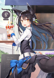 Rule 34 | 1girl, :d, animal ear fluff, animal ears, black hair, bow, bread, cafe, chalkboard, clothes lift, commentary, cowboy shot, cup, day, fang, flower, food, fox ears, fox girl, fox tail, from side, fruit, hair flower, hair ornament, highres, holding, holding tray, kuromitsu nene, long hair, long sleeves, looking at viewer, looking to the side, open mouth, original, outdoors, panties, panty peek, parfait, poco (asahi age), ribbon, shirt, sign, skirt, skirt lift, smile, solo, standing, strawberry, tail, tray, underwear, uniform, very long hair, waitress, white panties, white shirt, wing collar, yellow eyes