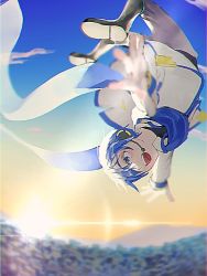 Rule 34 | 1boy, blue eyes, blue hair, blue pants, blue scarf, blurry, blurry foreground, boots, coat, commentary, depth of field, falling, foreshortening, headset, kaito (vocaloid), kaito (vocaloid3), knee boots, male focus, midair, mountainous horizon, open mouth, outdoors, outstretched arms, pants, scarf, smile, solo, sunrise, tiripow, upside-down, vocaloid, white coat