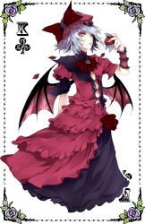 Rule 34 | 1girl, alternate costume, atoshi, bat wings, blue hair, border, bow, card (medium), dress, female focus, flower, hat, hat bow, highres, holding, king (playing card), king of clubs, looking at viewer, petals, red eyes, remilia scarlet, solo, touhou, wings