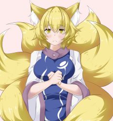 Rule 34 | 1girl, animal ear fluff, animal ears, arms under breasts, blonde hair, breasts, commentary request, crossed wrists, dress, fox ears, fox tail, frown, highres, large breasts, multiple tails, pink background, short hair, simple background, solo, sunaguma, tabard, tail, tearing up, touhou, upper body, white dress, yakumo ran, yellow eyes