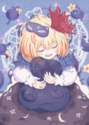 Rule 34 | 1girl, absurdres, black dress, blonde hair, blue background, blue capelet, capelet, closed eyes, commentary request, crescent moon, crescent print, dress, fang, flower, hair ribbon, highres, moon, open mouth, plaid capelet, red ribbon, ribbon, ro.ro, rumia, short hair, sleep mask, smile, solo, star (symbol), star print, touhou, yellow flower