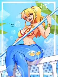 Rule 34 | 1girl, absurdres, bikini, bikini top only, blonde hair, bracelet, bubble, collarbone, commentary, denim, english commentary, glint, hair behind ear, highres, jeans, jewelry, looking up, midriff, nami (one piece), navel, one piece, orange eyes, palm tree, pants, pimozzarella, plant, ponytail, sitting, sky, smile, solo, swimsuit, tree, yellow bikini