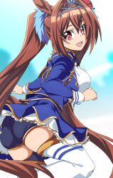 Rule 34 | 1girl, absurdres, aiguillette, animal ears, antenna hair, blue jacket, blue shorts, blue skirt, bow, brown hair, commentary, cropped jacket, daiwa scarlet (umamusume), day, ear ribbon, from side, hair intakes, hair ornament, highres, horse ears, horse girl, horse tail, jacket, juliet sleeves, long hair, long sleeves, looking at viewer, miniskirt, oimanji, open mouth, outdoors, puffy sleeves, red eyes, shirt, short shorts, shorts, shorts under skirt, skirt, smile, solo, standing, tail, thighhighs, tiara, twintails, umamusume, very long hair, white shirt, white thighhighs
