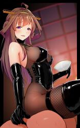 1girl 1other ahoge anal_fingering ass bdsm black_border black_gloves black_leotard black_thighhighs bodystocking border breasts brown_hair cup double_bun elbow_gloves fingering fishnet_thighhighs fishnets from_side glint gloves hair_bun hair_ornament highres holding holding_cup kantai_collection katsuten kongou_(kancolle) latex latex_gloves latex_leotard leotard long_hair looking_at_viewer medium_breasts out_of_frame parted_lips purple_eyes sitting sitting_on_person solo_focus sweat thighhighs very_long_hair