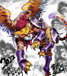 Rule 34 | 1boy, 2022, angry, armor, artist request, chinese zodiac, claws, dated, deva (digimon), digimon, digimon (creature), flying, looking at viewer, mihiramon, no humans, red eyes, solo, tail, tiger, wings, year of the tiger