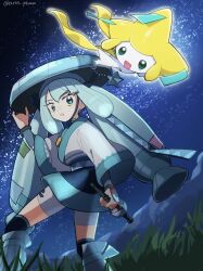 1girl aria_pkmn black_skirt boots commentary_request creatures_(company) eyelashes game_freak gen_3_pokemon grass green_eyes green_hair grey_shorts hand_on_headwear hat hatsune_miku holding holding_instrument instrument jacket jirachi legendary_pokemon long_hair mythical_pokemon night nintendo no_sclera outdoors over-kneehighs parted_lips pokemon pokemon_(creature) project_voltage shirt shorts shorts_under_skirt skirt sky standing steel_miku_(project_voltage) thighhighs twintails vocaloid