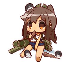 Rule 34 | 10s, 1girl, abyssal ship, bottle, brown eyes, brown hair, chibi, commentary request, holding, i-401 (kancolle), i-class destroyer, kantai collection, kuchiku i-kyuu, looking at viewer, machinery, nuu (nu-nyu), papico (ice cream), ponytail, ramune, school swimsuit, school uniform, serafuku, simple background, sitting, swimsuit, swimsuit under clothes, tan, wet, wet clothes, white background