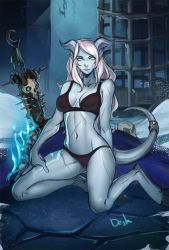 Rule 34 | 1girl, bare arms, bare legs, blue eyes, blue sclera, blue skin, bra, breasts, brown bra, brown panties, cage, cameltoe, closed mouth, colored sclera, colored skin, death knight (warcraft), distr, draenei, highres, hooves, horns, kneeling, large breasts, long hair, looking at viewer, monster girl, navel, panties, planted, planted sword, planted weapon, scar, signature, smile, solo, sword, tail, tail ornament, tail ring, underwear, warcraft, weapon, white hair, world of warcraft