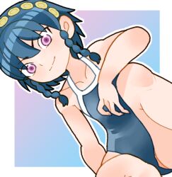 Rule 34 | 1girl, azuma tobera, bare arms, bare shoulders, blue hair, blue one-piece swimsuit, braid, closed mouth, collarbone, eyes visible through hair, hair between eyes, mato seihei no slave, one-piece swimsuit, outline, pink eyes, short hair, sicky (pit-bull), sitting, smile, solo, split mouth, swimsuit, twin braids, white outline