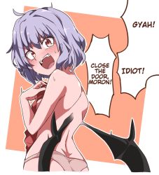 Rule 34 | 1girl, bat wings, blush, commentary request, embarrassed, fang, from behind, gokuu (acoloredpencil), hand on own chest, hard-translated, holding, holding clothes, looking at viewer, looking back, open mouth, orange background, panties, purple hair, red eyes, remilia scarlet, short hair, simple background, slit pupils, solo, sweatdrop, third-party edit, touhou, translated, underwear, undressing, wings