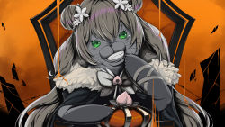 Rule 34 | 1girl, absurdres, animalization, barbed wire, coat, crown, debris, dincat, double bun, fang, flower, food, fruit, fur-trimmed coat, fur trim, green eyes, grey hair, grin, hair between eyes, hair bun, hair flower, hair ornament, highres, holding, holding crown, hololive, king (vocaloid), long hair, looking at viewer, momosuzu nene, orange background, peach, pink hair, seal (animal), sitting, smile, solo, teeth, throne, upper body, very long hair, virtual youtuber, vocaloid