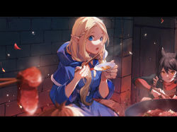 Rule 34 | 1other, 2girls, :p, absurdres, animal ears, black hair, blonde hair, blue eyes, blurry, blurry foreground, capelet, cat ears, chopsticks, dress, dungeon meshi, eating, fingerless gloves, gloves, hair between eyes, highres, hood, hooded capelet, izutsumi, letterboxed, long hair, looking at viewer, marcille donato, multiple girls, open mouth, pandako, pointy ears, short hair, single fingerless glove, tongue, tongue out, yellow eyes