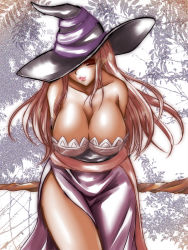 Rule 34 | 1girl, arms behind back, bare shoulders, breasts, cleavage, dragon&#039;s crown, hat, hat over one eye, large breasts, long hair, one eye covered, red eyes, red hair, sash, solo, sorceress (dragon&#039;s crown), staff, suzuki sakura, witch hat