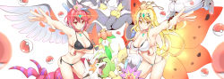 Rule 34 | 2girls, absurdres, alakazam, arm under breasts, bare shoulders, bikini, black bikini, blonde hair, blush, breasts, chest jewel, choker, cleavage, closed mouth, collarbone, creatures (company), crossover, daive, dedenne, earrings, game freak, gen 1 pokemon, gen 4 pokemon, gen 5 pokemon, gen 6 pokemon, gen 7 pokemon, gen 8 pokemon, highres, jewelry, large breasts, legendary pokemon, long hair, looking at viewer, lycanroc, lycanroc (dusk), magnezone, multiple girls, mythra (xenoblade), navel, nintendo, on head, poke ball, poke ball (basic), pokemon, pokemon (creature), pokemon on head, porygon-z, pyra (xenoblade), red eyes, red hair, short hair, sidelocks, simple background, smile, starmie, swept bangs, swimsuit, thighs, tiara, urshifu, volcarona, white bikini, xenoblade chronicles (series), xenoblade chronicles 2, yellow eyes