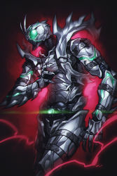 Rule 34 | 1boy, absurdres, antennae, armor, claws, commentary, dark background, glowing, green eyes, highres, kamen rider, kamen rider black (series), kamen rider black sun, kamen rider shadow moon, kingstone, monster, no humans, onion maru, rider belt, shadow moon, solo, spikes, standing, upper body