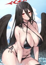 Rule 34 | 1girl, bikini, black bikini, black hair, black wings, blue archive, blue sky, blush, breasts, choker, cloud, day, feathered wings, halo, hasumi (blue archive), highres, huge breasts, long hair, looking at viewer, mole, mole under eye, mono (mo n mno), outdoors, parted lips, red eyes, sky, solo, stomach, swimsuit, very long hair, water, wet, wings