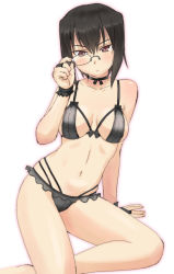 Rule 34 | 10s, 1girl, bikini, black hair, black panties, blush, breasts, brown eyes, girls und panzer, kawashima momo, large breasts, leaning to the side, monocle, navel, panties, revealing clothes, simple background, sitting, solo, swimsuit, underwear, underwear only, uona telepin, white background