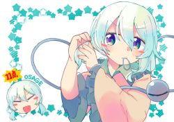 Rule 34 | 1girl, :d, alternate hairstyle, aqua hair, arms up, blush stickers, chibi, chibi inset, expressionless, closed eyes, green eyes, hair between eyes, hair tie, hair tie in mouth, komeiji koishi, long sleeves, looking away, low twintails, mouth hold, open mouth, romaji text, shirt, short hair, smile, solo, star (symbol), starry background, third eye, touhou, twintails, tying hair, upper body, white background, yamase, yellow shirt