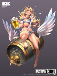 Rule 34 | 1girl, absurdres, alcohol, animal print, barefoot, beer, blonde hair, bracelet, breasts, cleavage, cleavage cutout, clothing cutout, collar, cow girl, cow horns, cow print, curvy, destiny child, feet, female focus, full body, gradient background, heart cutout, highres, horns, huge breasts, jewelry, long hair, navel, nipples, no bra, one3four!, see-through, shorts, simple background, sitting, solo, toes, tongue, tongue out, underboob, white wings, wings