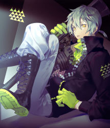 Rule 34 | 1boy, black footwear, black jacket, boots, cross-laced footwear, gloves, green gloves, green hair, gun, hair between eyes, holding, holding gun, holding weapon, jacket, looking at viewer, m16, m16a2, male focus, open clothes, open jacket, original, pants, parted lips, ponytail, rifle, scar, scar across eye, scar on face, sitting, sniper rifle, solo, weapon, white pants, yamakawa, yellow eyes