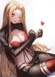 Rule 34 | 1girl, ;p, black gloves, blonde hair, breast tattoo, breasts, butterfly tattoo, cleavage, commentary request, earrings, genyaky, gloves, heart, heart earrings, highres, jewelry, large breasts, long hair, looking at viewer, luis cammy, mole, mole under mouth, navel, nijisanji, one eye closed, red eyes, red thighhighs, shrug (clothing), simple background, sitting, solo, tattoo, thighhighs, tongue, tongue out, very long hair, virtual youtuber, white background
