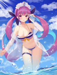 Rule 34 | 1girl, :o, anchor symbol, bare legs, bare shoulders, barefoot, bikini, black ribbon, blue hair, blue sky, blunt bangs, blush, bottle, braid, breasts, cleavage, cloud, collarbone, colored inner hair, day, frills, front-tie bikini top, front-tie top, hair ribbon, halterneck, highres, holding, holding bottle, hololive, jayamon, large breasts, leg up, light rays, long hair, long sleeves, looking at viewer, maid headdress, minato aqua, minato aqua (hololive summer 2019), multicolored hair, nail polish, ocean, open clothes, open mouth, open shirt, outdoors, purple eyes, purple hair, ribbon, see-through, side-tie bikini bottom, sky, solo, sparkle, standing, standing on one leg, striped bikini, striped clothes, sunbeam, sunlight, swimsuit, thigh strap, twintails, two-tone hair, very long hair, virtual youtuber, wading, water bottle, water drop, yellow ribbon