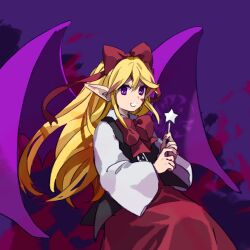 Rule 34 | 1girl, bat wings, black vest, blonde hair, commentary request, elis (touhou), hair between eyes, hair ribbon, highres, holding, holding wand, invisible chair, kaigen 1025, long hair, long sleeves, neck ribbon, open clothes, open vest, pointy ears, purple eyes, purple wings, red ribbon, red skirt, ribbon, shirt, sitting, skirt, smile, solo, star wand, touhou, touhou (pc-98), vest, wand, white shirt, wings