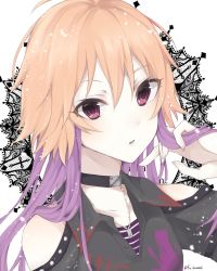 Rule 34 | 1girl, blonde hair, clothing cutout, collar, collarbone, hair between eyes, highres, holding, holding hair, idolmaster, idolmaster cinderella girls, idolmaster cinderella girls starlight stage, jewelry, long hair, looking at viewer, multicolored hair, necklace, ninomiya asuka, open mouth, portrait, purple hair, purple shirt, red eyes, shirt, shoulder cutout, solo, striped clothes, striped shirt, two-tone hair, white background, wing collar, yo (fu kumask)
