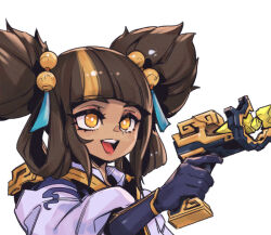 Rule 34 | 1girl, :d, black gloves, blonde hair, blunt bangs, brown hair, gloves, gun, hand up, holding, holding gun, holding weapon, immortal journey zeri, jacket, league of legends, long sleeves, official alternate costume, open mouth, orange eyes, phantom ix row, simple background, smile, solo, twintails, upper body, weapon, white background, white jacket, zeri (league of legends)