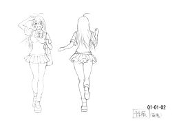 Rule 34 | 1girl, absurdres, ass, bare legs, breasts, character sheet, earrings, female focus, full body, highres, ikkitousen, ikkitousen great guardians, jewelry, large breasts, long hair, looking at viewer, magatama, magatama earrings, monochrome, multiple views, official art, open mouth, school uniform, skirt, smile, solo, sonsaku hakufu, translation request, walking, white background, wide hips
