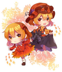 Rule 34 | 2girls, aki minoriko, aki shizuha, arm garter, barefoot, black skirt, blonde hair, chibi, dress, food, frilled sleeves, frills, from behind, fruit, gradient background, grapes, hair between eyes, hair ornament, hat, highres, holding, holding clothes, holding skirt, layered dress, leaf, leaf background, leaf hair ornament, leaf on head, long sleeves, looking at viewer, looking back, maple leaf, mob cap, multiple girls, open hands, open mouth, orange hat, outstretched arms, red eyes, renka (sutegoma25), sash, shoes, short hair, siblings, sisters, skirt, skirt hold, smile, socks, spread arms, standing, standing on one leg, touhou, white legwear, yellow eyes