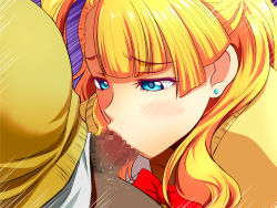Rule 34 | 1girl, :&gt;=, asymmetrical bangs, asymmetrical hair, blonde hair, blouse, blue eyes, blush, bow, bowtie, cardigan, censored, earrings, embarrassed, eyebrows, fellatio, galko, highres, itachou, jewelry, looking at another, mosaic censoring, motion lines, oral, oshiete! galko-chan, penis, saliva, school uniform, shirt, side bun, side ponytail, solo focus, stud earrings, upper body, yellow cardigan