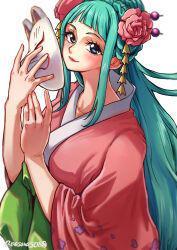 Rule 34 | 1girl, aosora2823, aqua hair, artist name, blue eyes, blunt bangs, blush, closed mouth, flower, fox mask, hair flower, hair ornament, hair stick, hairpin, highres, holding, holding mask, japanese clothes, kimono, kouzuki hiyori, lipstick, long hair, looking at viewer, makeup, mask, one piece, red lips, simple background, smile, solo, traditional clothes, unworn mask, white background