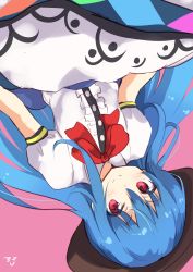 Rule 34 | 1girl, absurdres, amano kouki, artist name, black headwear, blue hair, blue skirt, bow, bowtie, closed mouth, commentary, highres, hinanawi tenshi, long hair, looking at viewer, medium skirt, one-hour drawing challenge, pink background, puffy short sleeves, puffy sleeves, red bow, red bowtie, red eyes, shirt, short sleeves, signature, simple background, skirt, smile, solo, touhou, upside-down