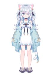 Rule 34 | 1girl, :3, animal ears, animal slippers, aqua hair, bell, blue cardigan, cardigan, cat ears, cat girl, cat tail, clothes down, d omm, dress, frilled dress, frills, full body, hair bell, hair ornament, highres, indie virtual youtuber, jingle bell, long hair, multicolored hair, nekono shiyu, open cardigan, open clothes, oversized clothes, second-party source, short dress, sleeves past fingers, sleeves past wrists, slippers, smile, standing, streaked hair, tail, two-tone hair, two side up, virtual youtuber, white dress, white hair