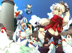 Rule 34 | &gt;:), 3girls, alternate color, ass, assisted exposure, bad id, bad pixiv id, barn, bird, blue hair, bow, chicken, cirno, clenched teeth, clothes pull, cloud, day, fujiwara no mokou, fundoshi, grin, hair bow, hat, japanese clothes, kamishirasawa keine, kotomuke fuurin, laughing, long hair, multiple girls, nintendo, pants, pants pull, parody, pulling another&#039;s clothes, smile, suspenders, teardrop, teeth, the legend of zelda, touhou, v-shaped eyebrows, white hair
