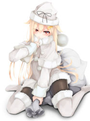 Rule 34 | 1girl, alternate costume, black pantyhose, blonde hair, boots, coat, hair flaps, hat, kantai collection, long sleeves, momin, pantyhose, red eyes, sack, santa boots, santa costume, santa hat, simple background, solo, thigh boots, thighhighs, white background, white coat, white footwear, white hat, white santa costume, yuudachi (kancolle), yuudachi kai ni (kancolle)