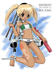 Rule 34 | 1girl, aircraft, anklet, arrow (symbol), barefoot, bikini, blonde hair, blush, body writing, clenched hand, dark skin, dark-skinned female, feet, flat chest, green eyes, helicopter, japan maritime self-defense force, japan self-defense force, jewelry, kneeling, long hair, mecha musume, military, navel, nou shiroppu, sh3, solo, swimsuit, tankini, tattoo, toes, twintails, wings