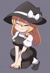 Rule 34 | 1girl, apron, black footwear, black hat, black skirt, black vest, blonde hair, blush, bow, braid, breasts, closed mouth, cookie (touhou), full body, grey background, hair between eyes, hair bow, hat, hat bow, highres, kirisame marisa, large breasts, looking at viewer, madore, one eye closed, puffy short sleeves, puffy sleeves, red bow, red eyes, shirt, short hair, short sleeves, simple background, single braid, skirt, skirt set, smile, socks, solo, squatting, star (symbol), suzu (cookie), touhou, turtleneck, unusually open eyes, vest, waist apron, white apron, white bow, white shirt, witch hat