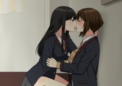 Rule 34 | 2girls, absurdres, after kiss, against wall, black hair, blue eyes, blush, brown eyes, brown hair, commentary request, eye contact, half-closed eyes, hand under clothes, highres, indoors, kabedon, long hair, looking at another, multiple girls, original, ryuusa, saliva, saliva trail, school uniform, short hair, squinting, tongue, yuri