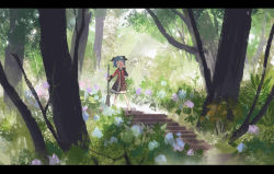 Rule 34 | 1girl, animal ears, blush, broom, closed eyes, flower, forest, green hair, kasodani kyouko, letterboxed, nature, open mouth, seeker, short hair, skirt, solo, stairs, tail, touhou, tree