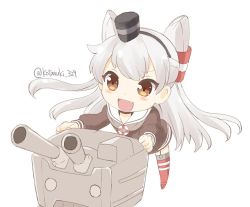 Rule 34 | 10s, 1girl, :d, amatsukaze (kancolle), brown eyes, chibi, commentary request, dress, fang, gale kawaii, garter straps, hair tubes, hat, kantai collection, lifebuoy, long hair, multicolored clothes, multicolored legwear, o o, open mouth, rensouhou-kun, sailor collar, sailor dress, silver hair, simple background, smile, solo, striped clothes, striped thighhighs, swim ring, thighhighs, twitter username, two side up, white background