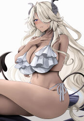 Rule 34 | 1girl, absurdres, bare shoulders, bikini, blonde hair, blush, breasts, cleavage, dark-skinned female, dark skin, demon girl, demon tail, frilled bikini, frills, hair over one eye, highres, horns, large breasts, long hair, looking at viewer, mole, mole under mouth, original, purple eyes, side-tie bikini bottom, simple background, solo, speech bubble, swimsuit, tail, textless version, very long hair, white background, white bikini, yunamaro