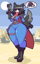 Rule 34 | 1girl, ?, animal ears, belt, blue bodysuit, bodysuit, breasts, fallout (series), fallout 76, female focus, gensin, gun, highres, holding, holding gun, holding weapon, large breasts, original, outdoors, sand, scarf, shadow, skindentation, sky, solo, standing, sun, tail, thick thighs, thighs, wasteland, weapon, wide hips, wolf ears, wolf girl, wolf tail