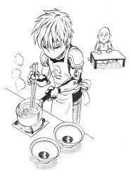 Rule 34 | 2boys, absurdres, android, apron, bald, barefoot, bowl, cape, chopsticks, closed mouth, cooking, earrings, genos, greyscale, highres, holding, holding chopsticks, indian style, jewelry, kotatsu, male focus, mechanical arms, monochrome, multiple boys, murata yuusuke, official art, one-punch man, pot, saitama (one-punch man), scan, simple background, sitting, smile, table, traditional media, white background